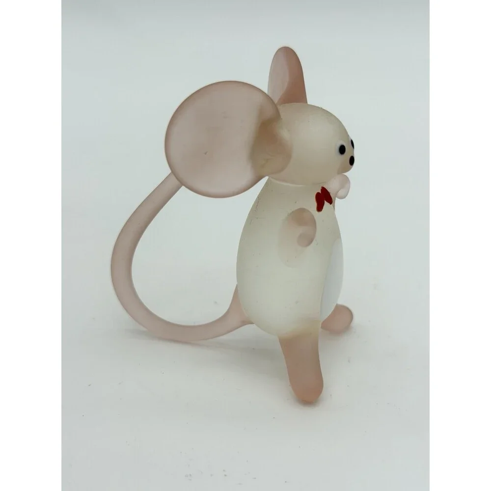 Hand Blown Art Glass Mice Mouse Pink White Frosted Glass Figurine 2.5”H